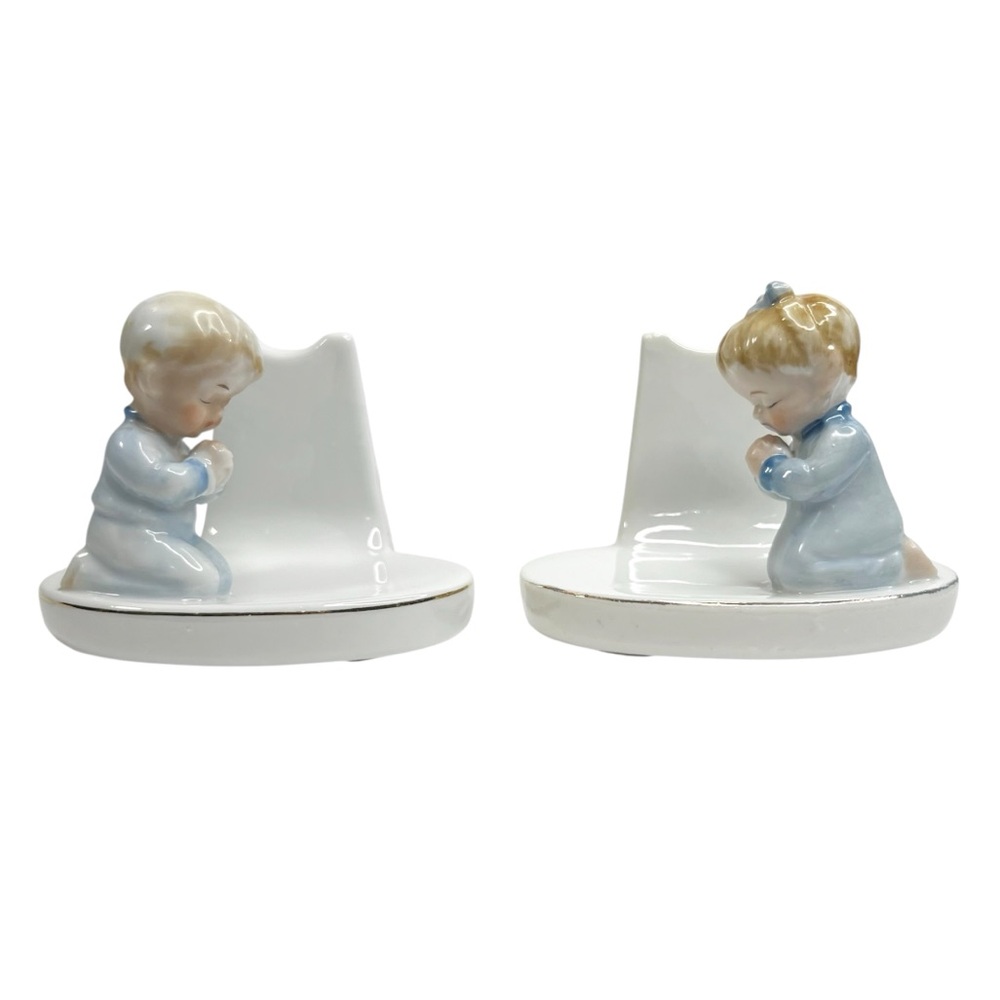 Vtg Lipper & Mann Bondware Boy & Girl Praying Porcelain Figurines Blue Nightgown
